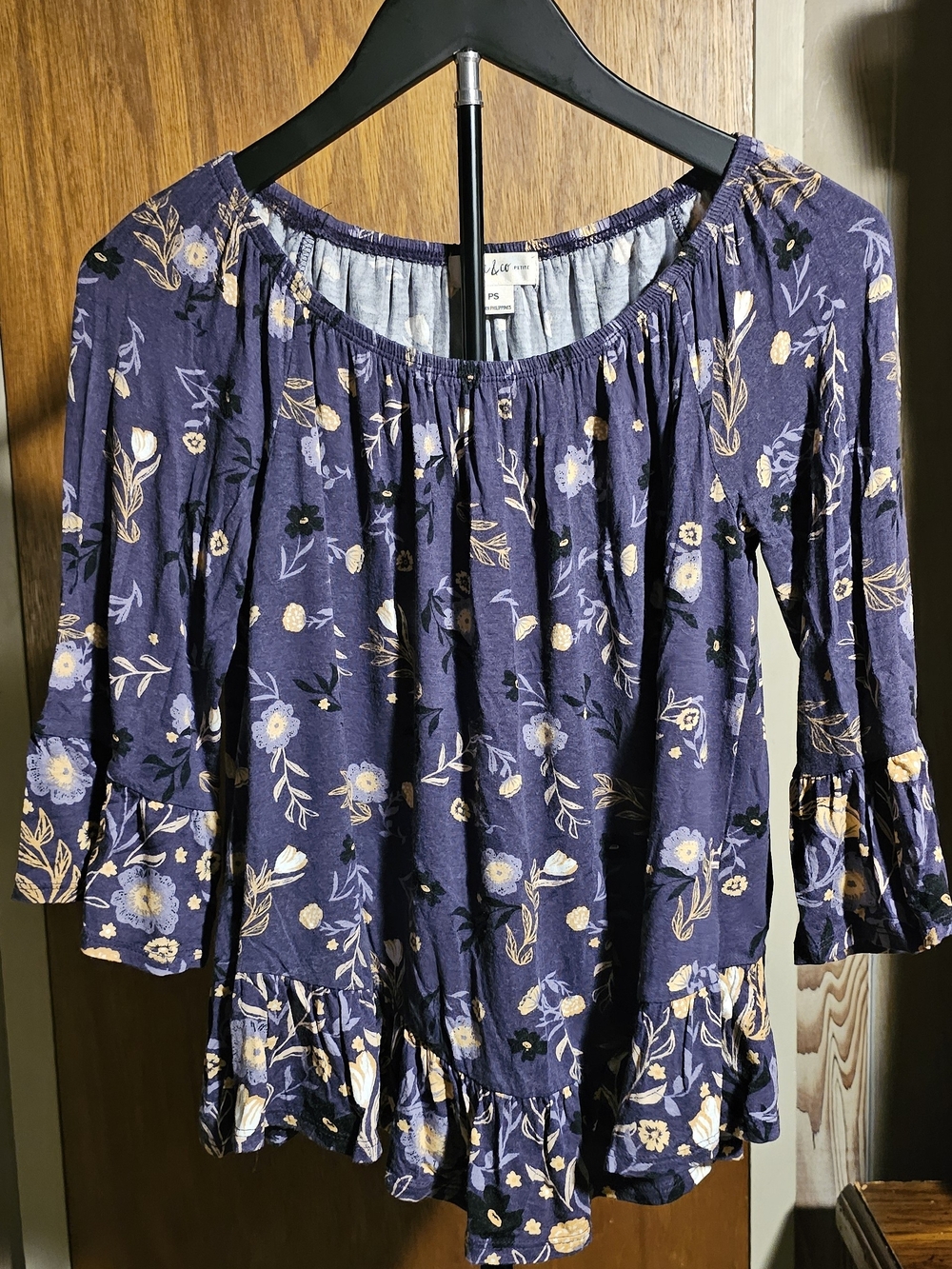 Womens Blue Floral Ruffle Hem Peasant Petite Top